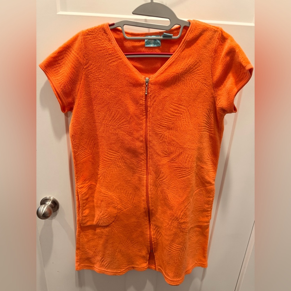 Palm Grove Zip Front Terry Lounge Dress Medium Orange Cover Up